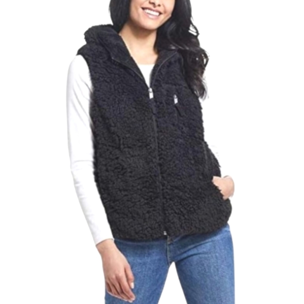 Weatherproof Vintage Vest Zip Front Fuzzy Sleeveless Hooded Furry Teddy Jacket